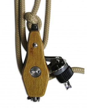 Poulie violon "Regatta", ringot et taquet coinceur en inox et bois